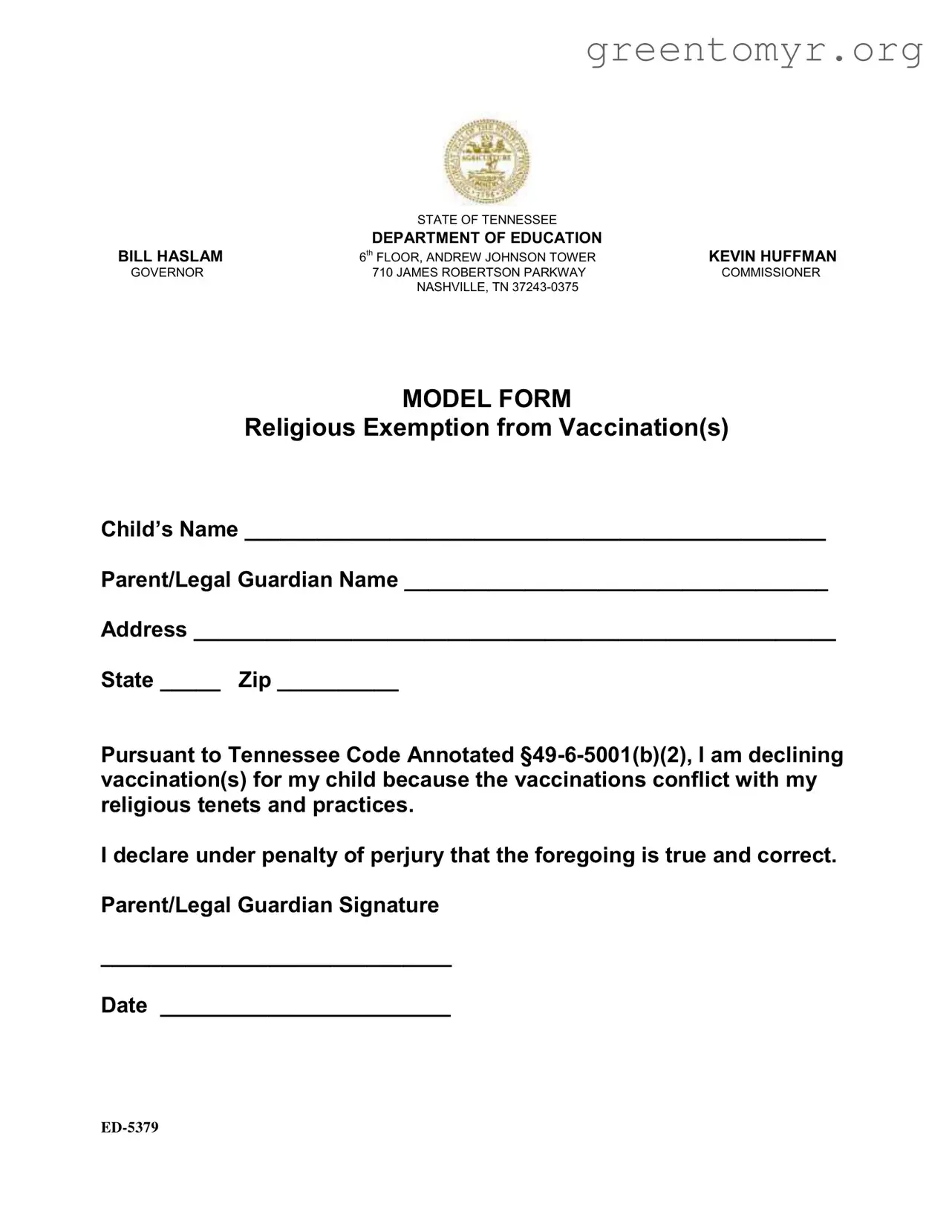 Fill in a Valid Tn Exemption Vaccination Template