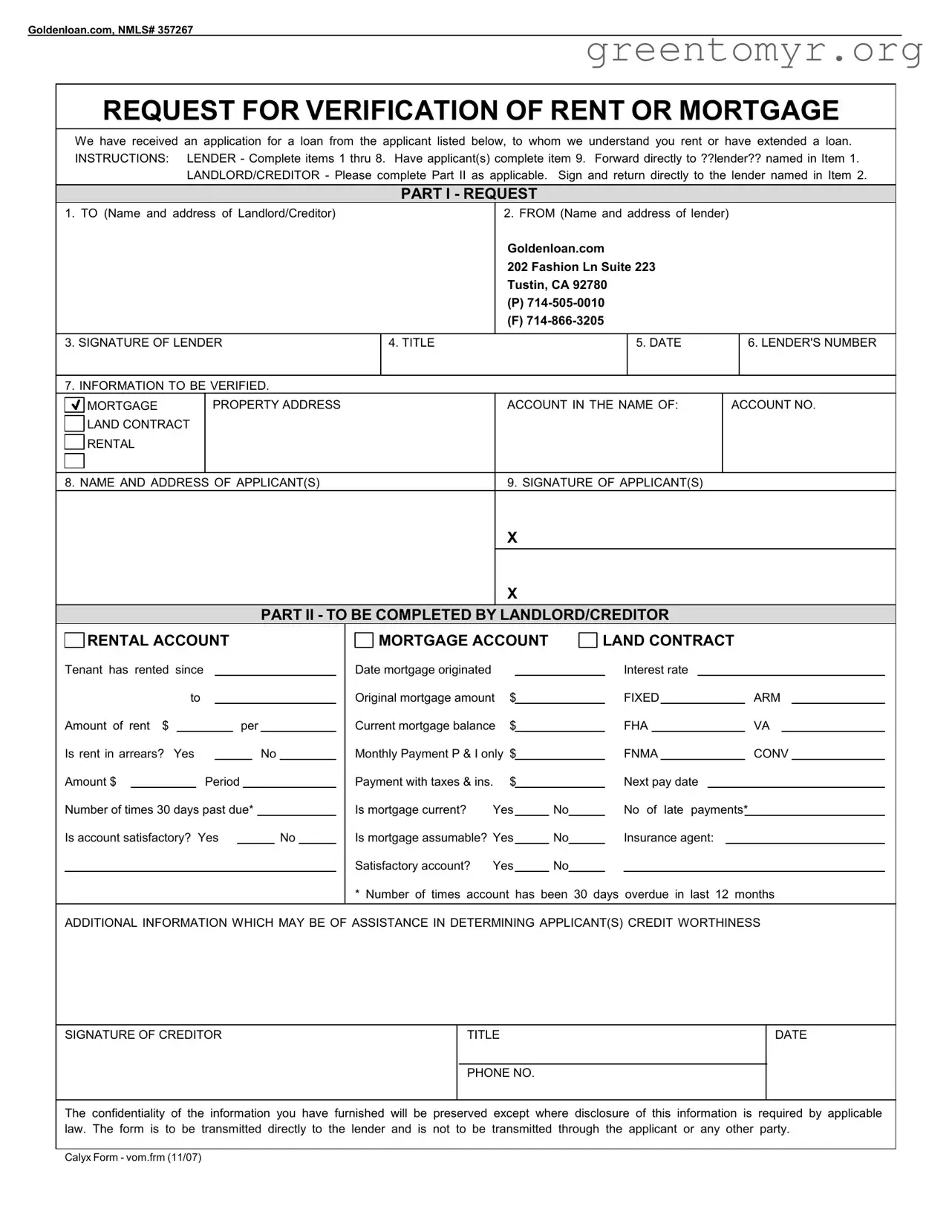 Fill in a Valid Verification Rent Mortgage Template