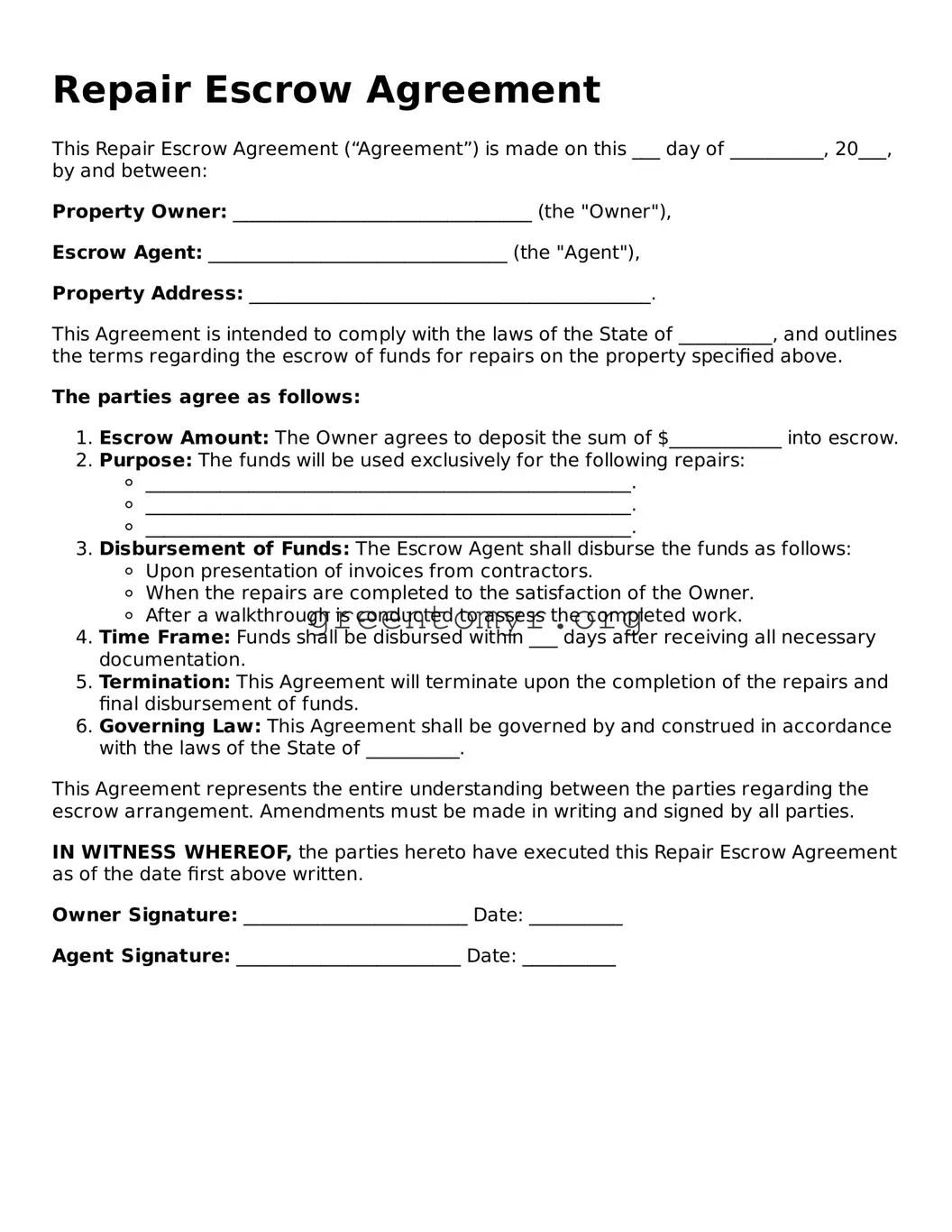 Valid Repair Escrow Agreement Forms Fillable Template