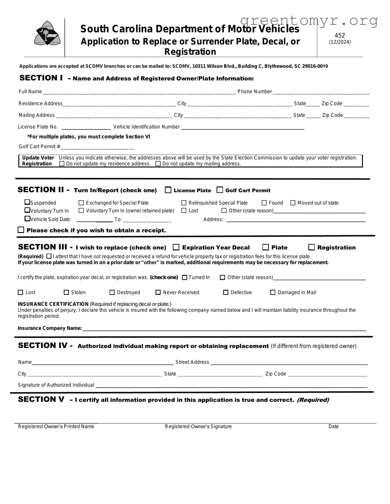 Fill in a Valid Sc 452 Dmv Template