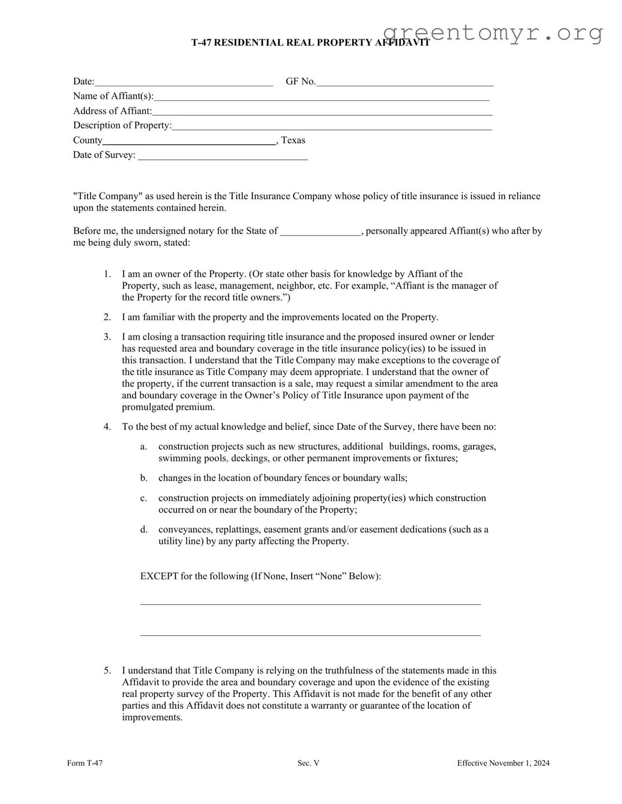 Fill in a Valid Texas residential property affidavit T-47 Template