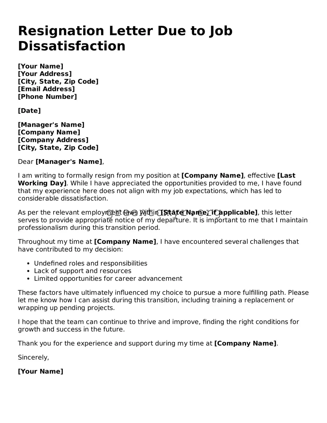 Valid Resignation Letter Due to Job Dissatisfaction Form
