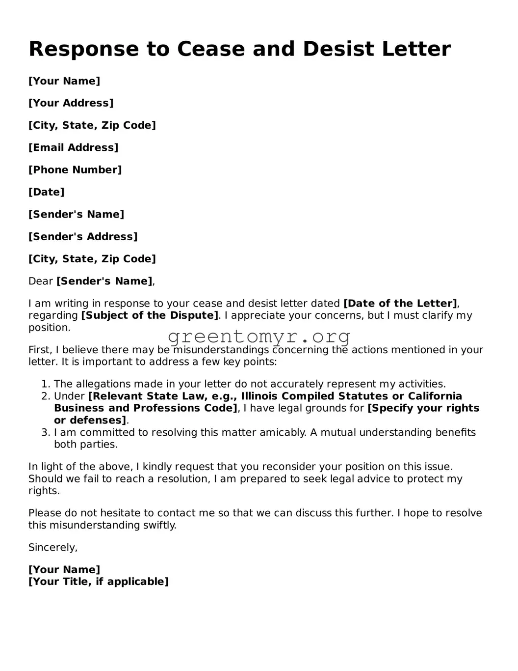 Valid Response to a Cease and Desist Letter Form