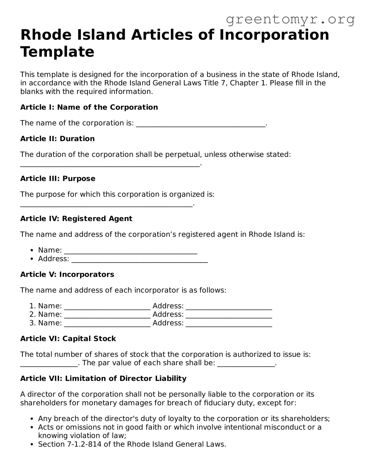 Articles of Incorporation Form for the State of Rhode Island