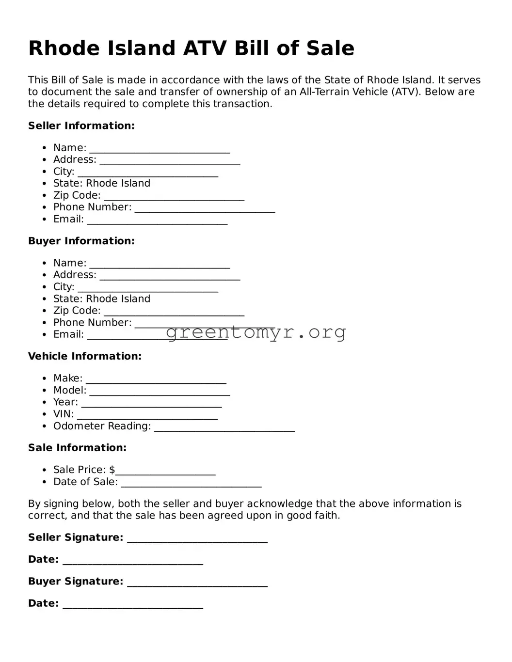 ATV Bill of Sale Form for the State of Rhode Island