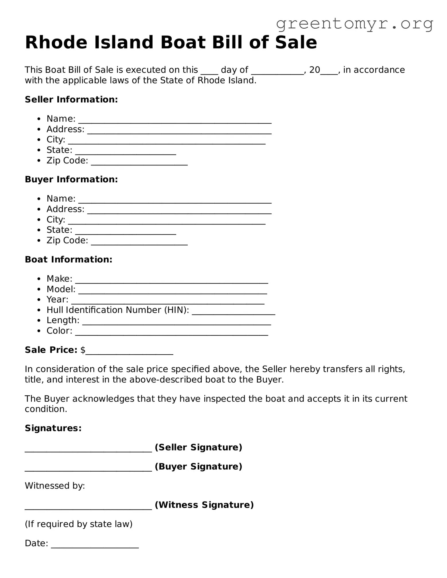 Boat Bill of Sale Form for the State of Rhode Island