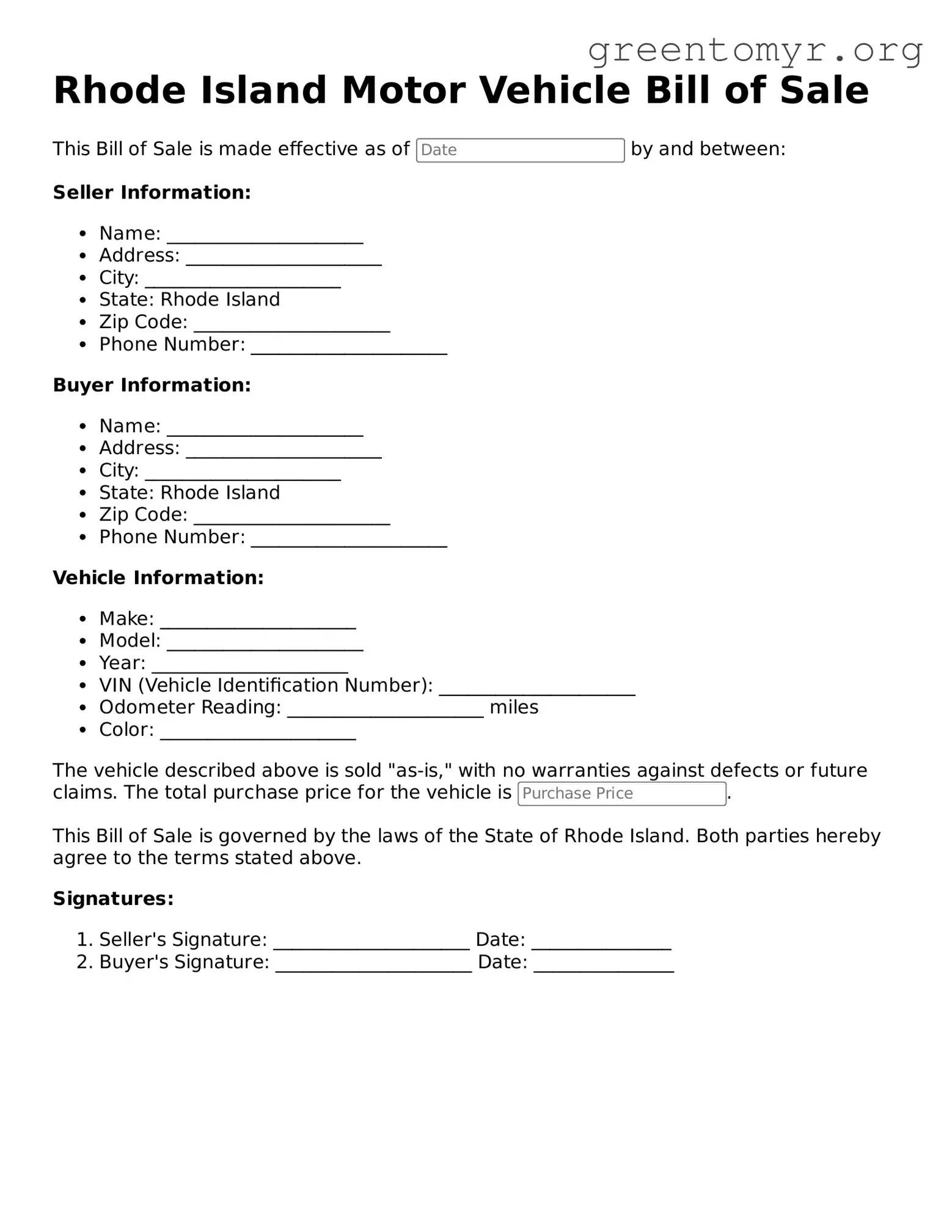Motor Vehicle Bill of Sale Form for the State of Rhode Island