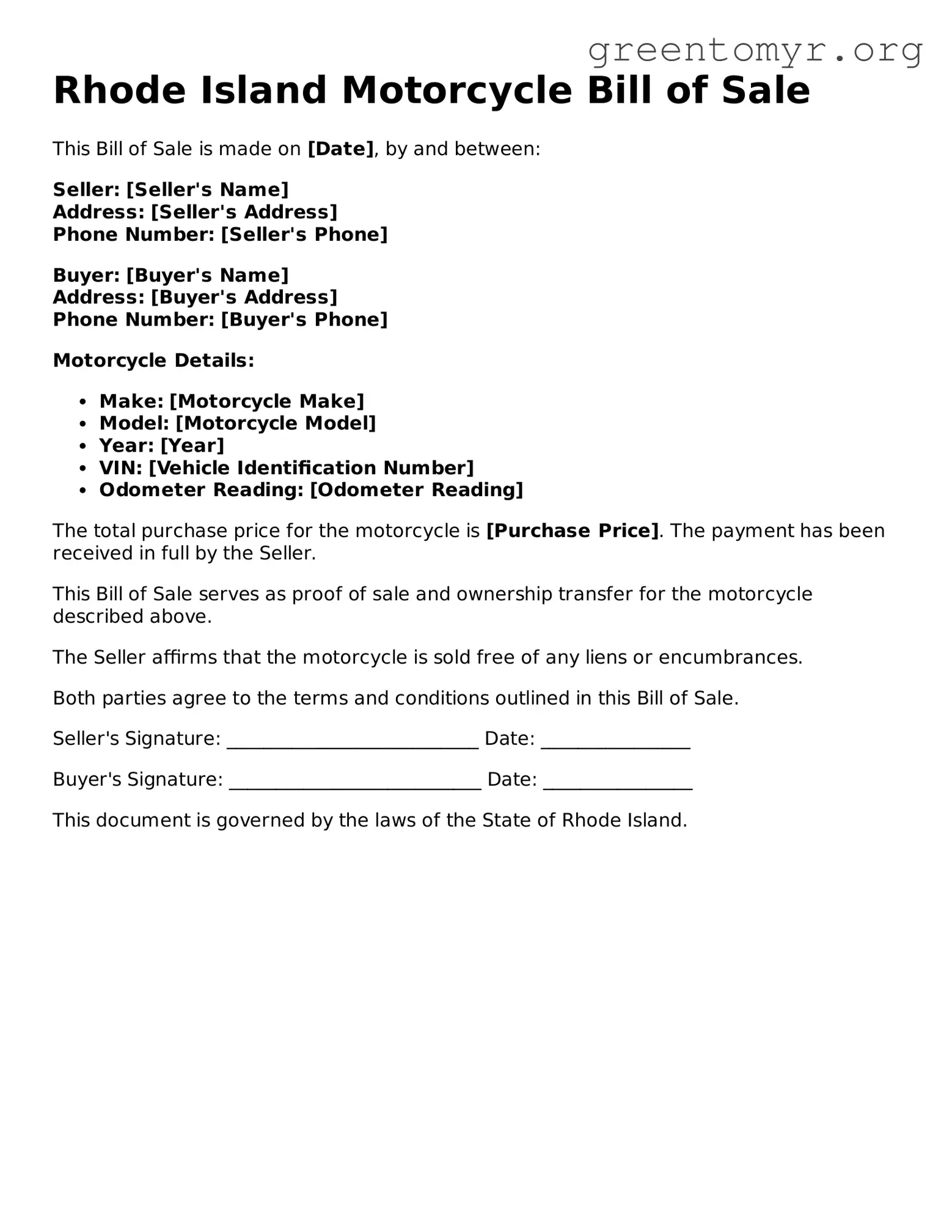 Motorcycle Bill of Sale Form for the State of Rhode Island