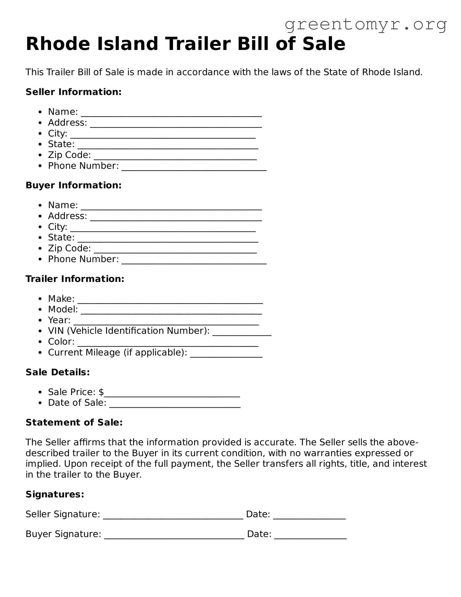 Trailer Bill of Sale Form for the State of Rhode Island
