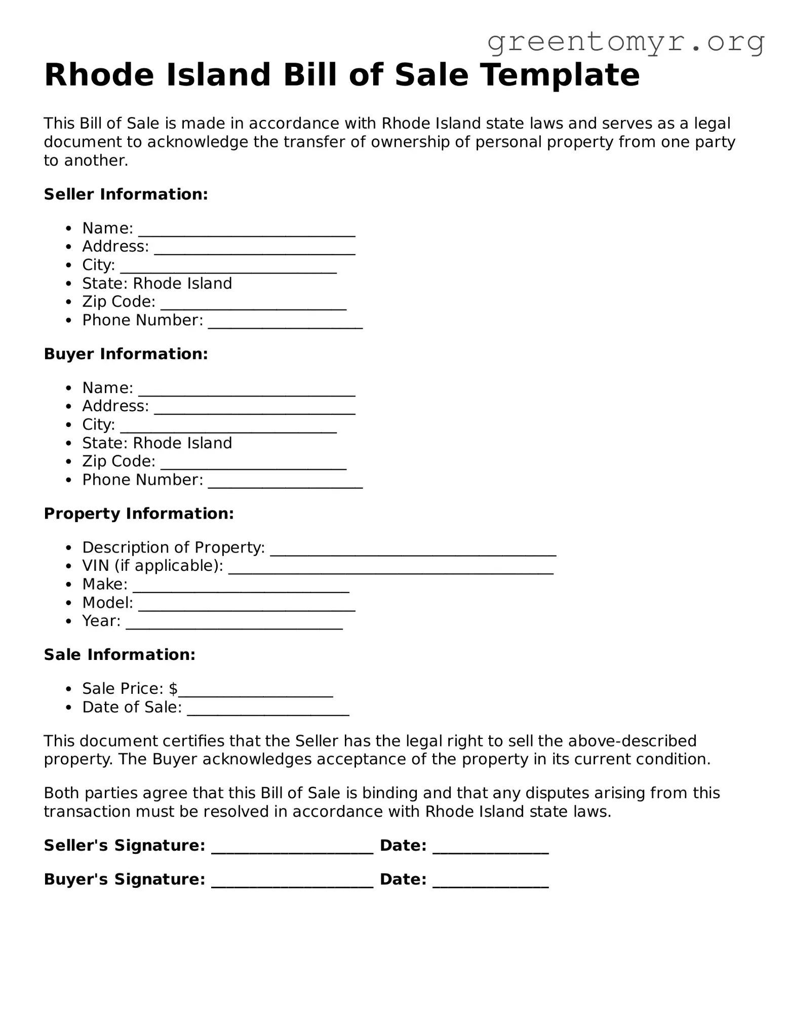 Bill of Sale Form for the State of Rhode Island