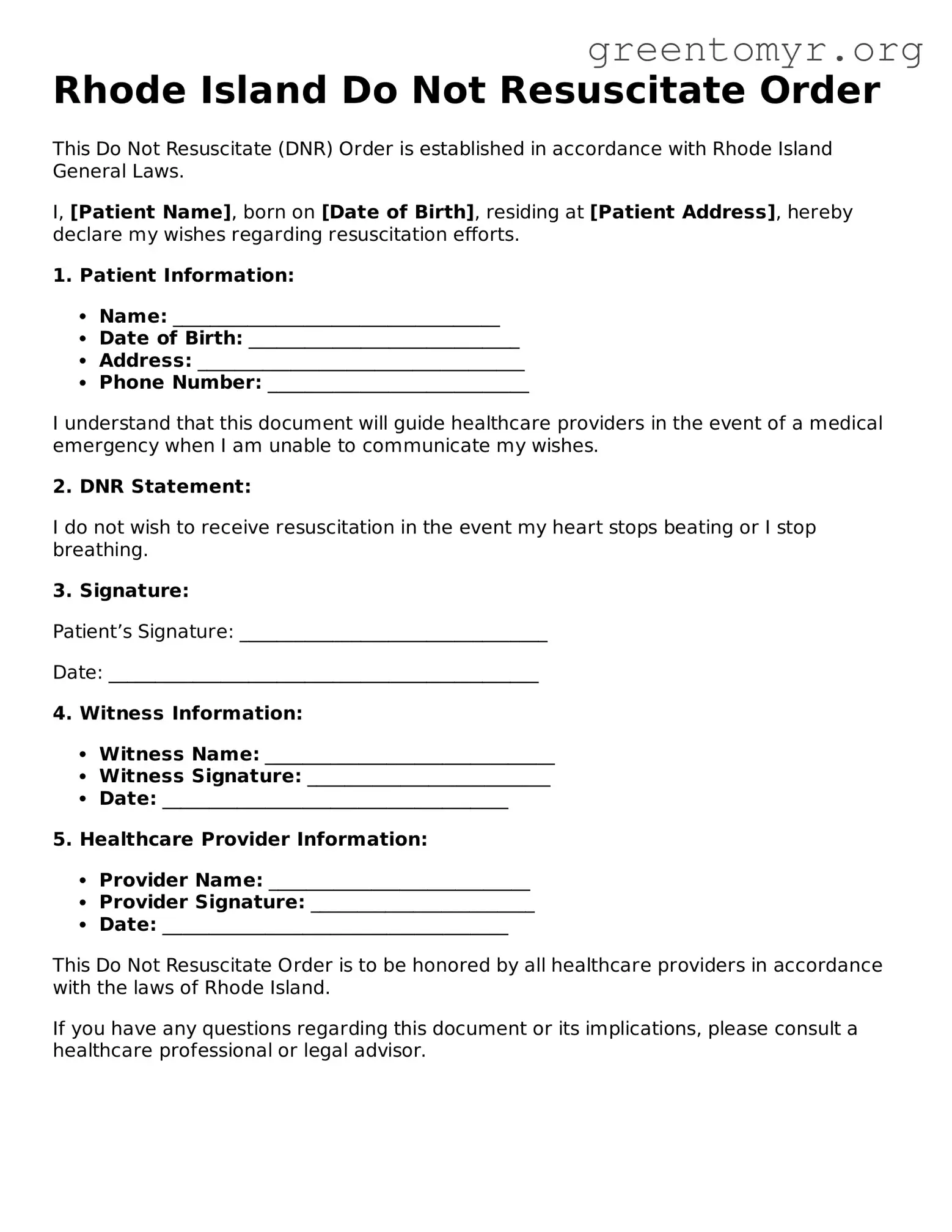 Do Not Resuscitate Order Form for the State of Rhode Island