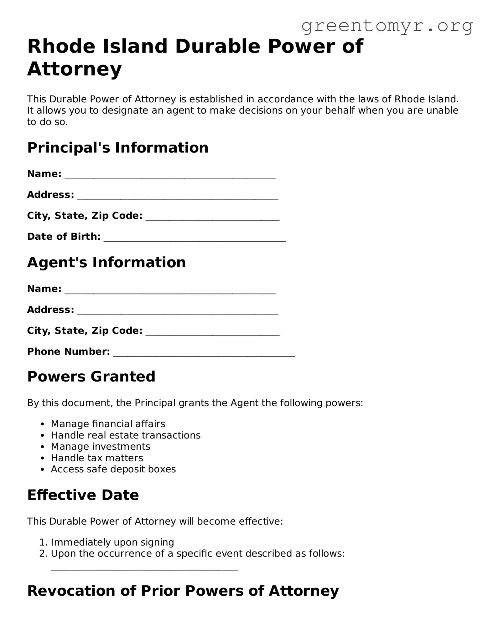 Durable Power of Attorney Form for the State of Rhode Island