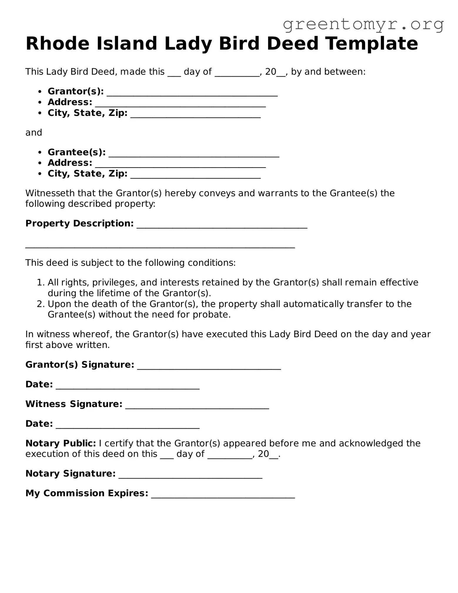 Lady Bird Deed Form for the State of Rhode Island