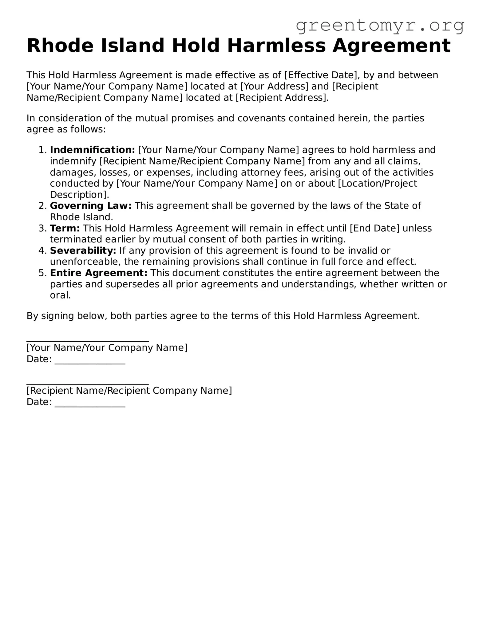 Hold Harmless Agreement Form for the State of Rhode Island