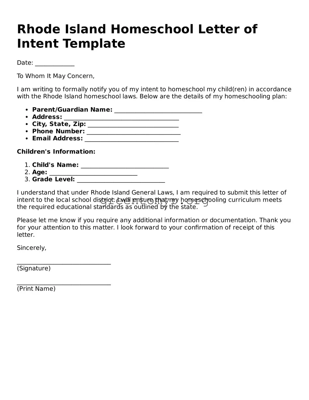 Homeschool Letter of Intent Form for the State of Rhode Island