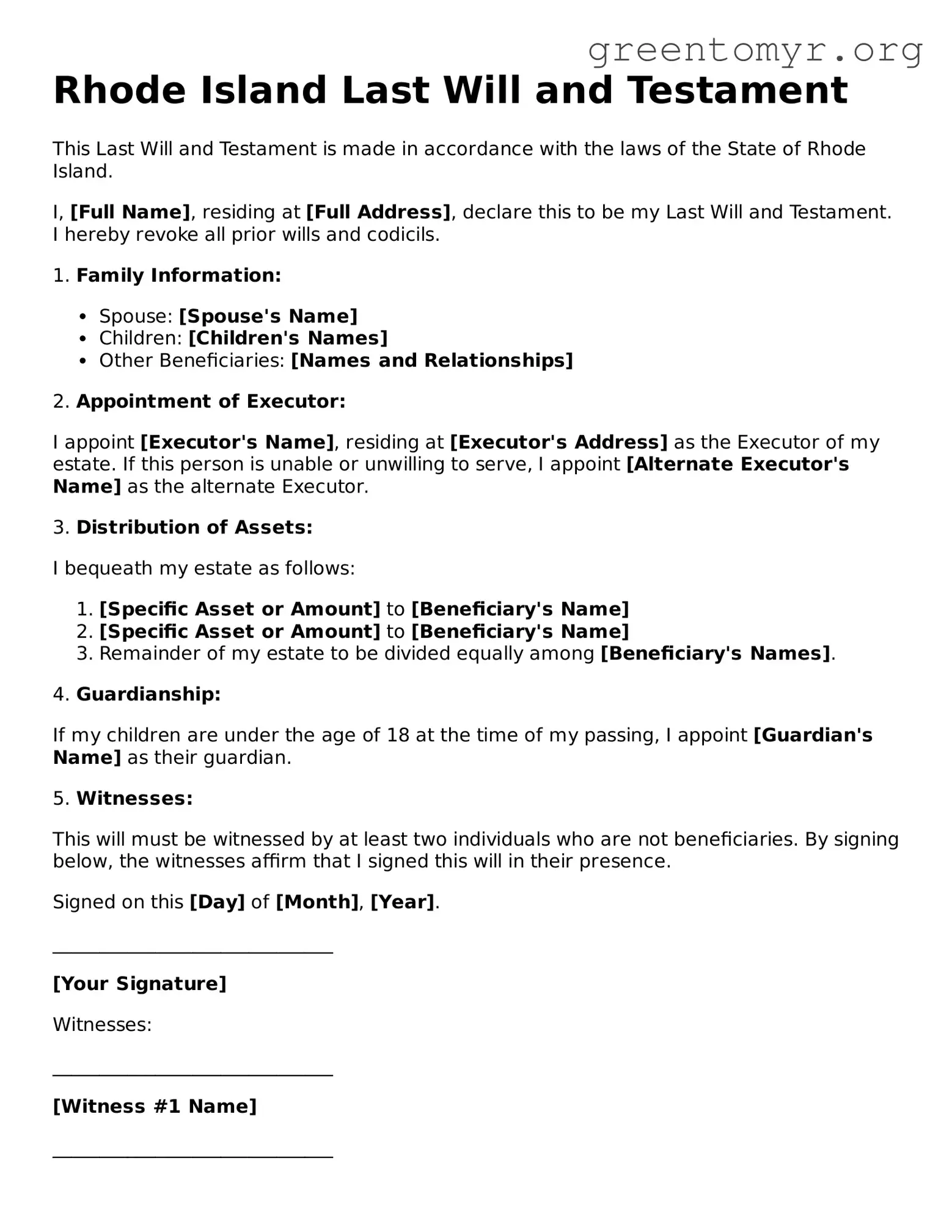 Last Will and Testament Form for the State of Rhode Island