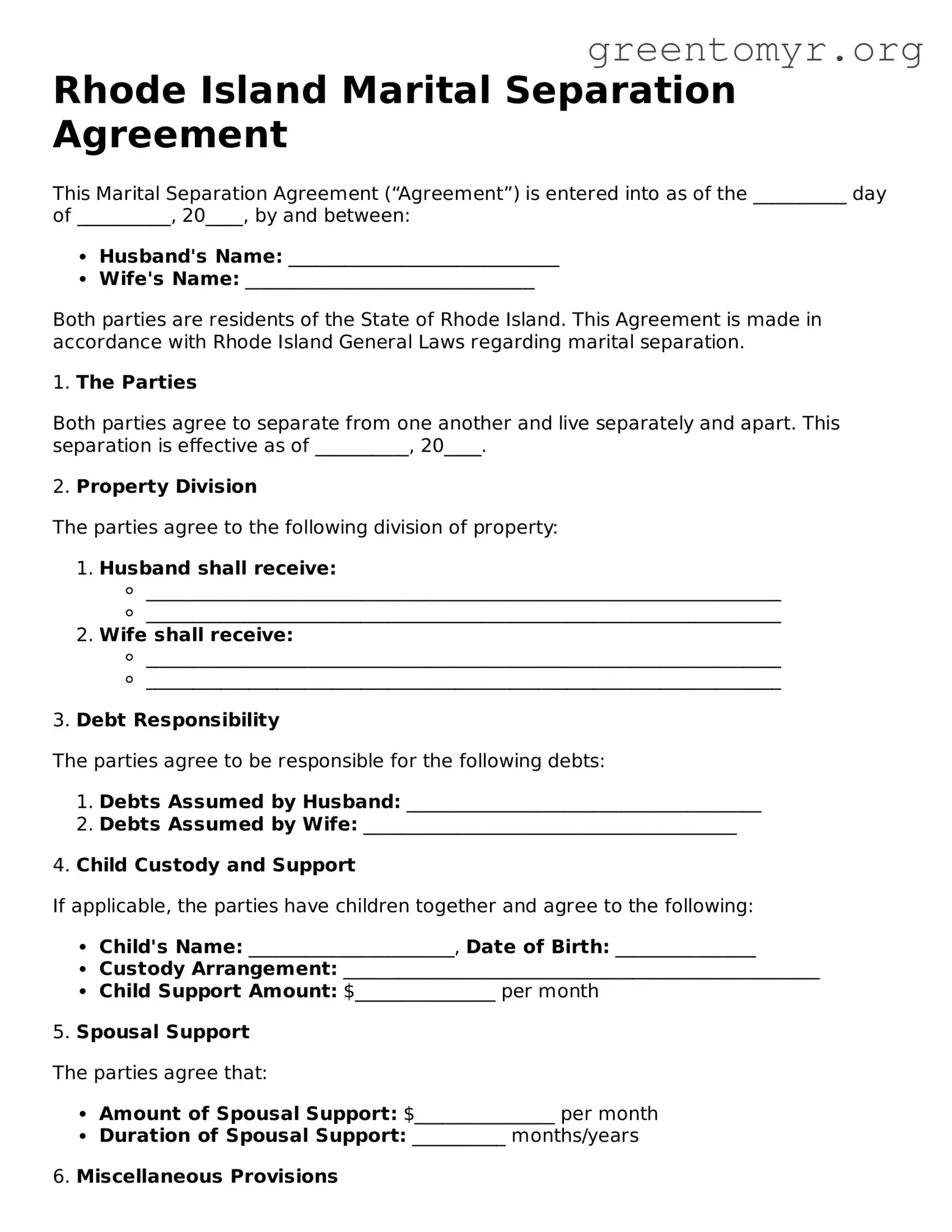 Marital Separation Agreement Form for the State of Rhode Island