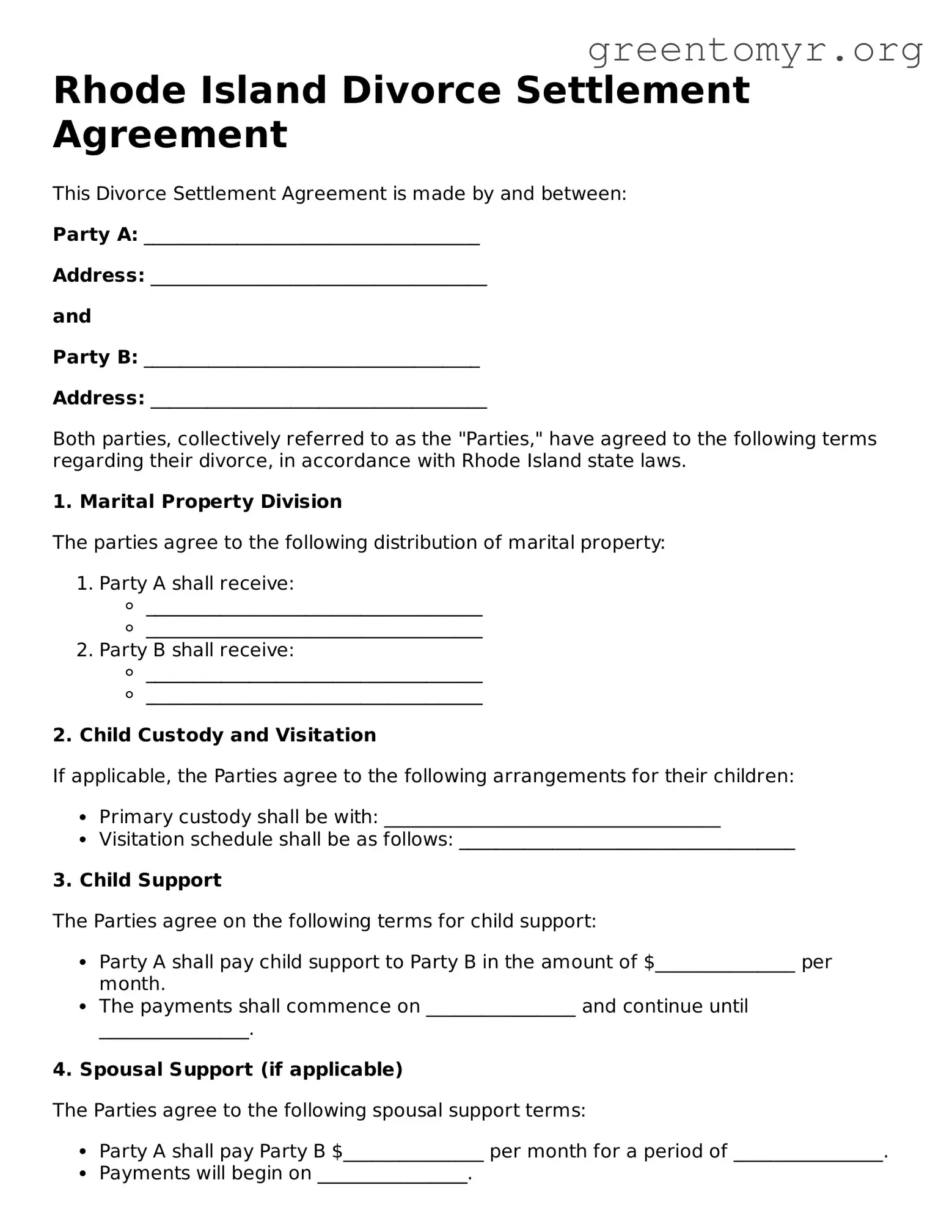 Divorce Settlement Agreement Form for the State of Rhode Island