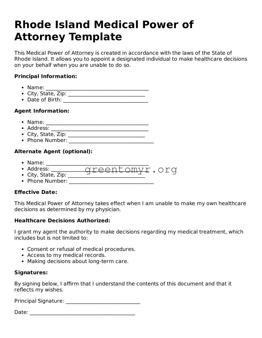 Medical Power of Attorney Form for the State of Rhode Island
