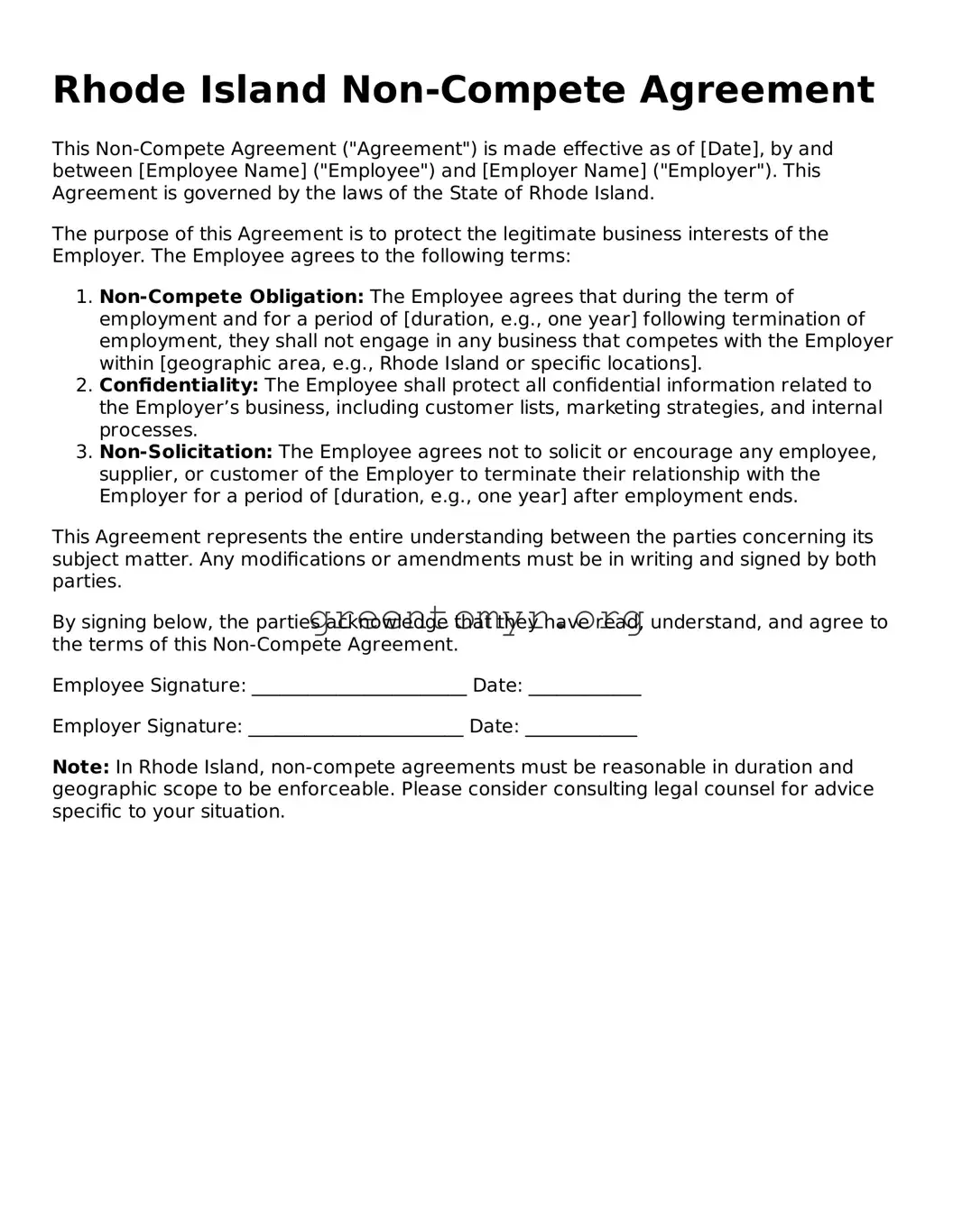 Non-compete Agreement Form for the State of Rhode Island