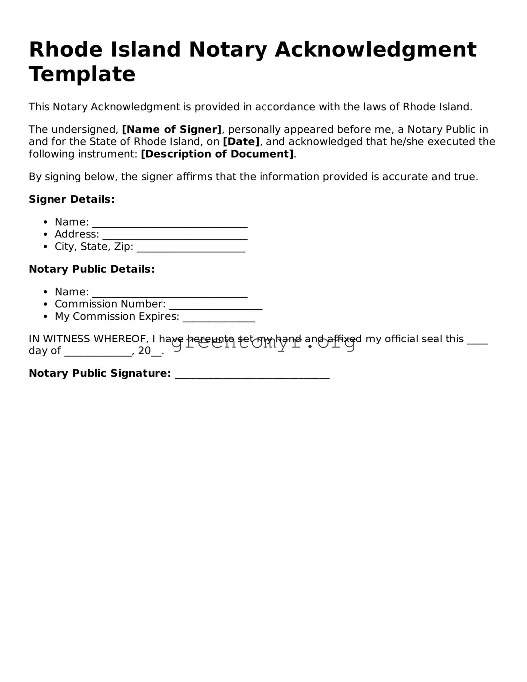 Notary Acknowledgement Form for the State of Rhode Island