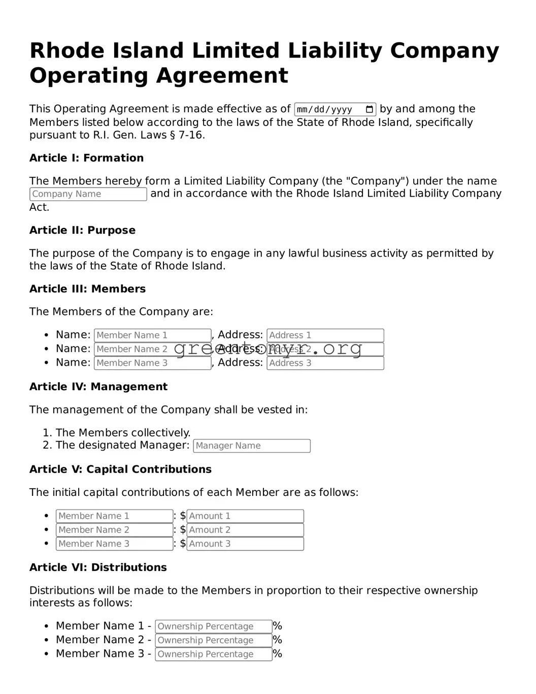Operating Agreement Form for the State of Rhode Island