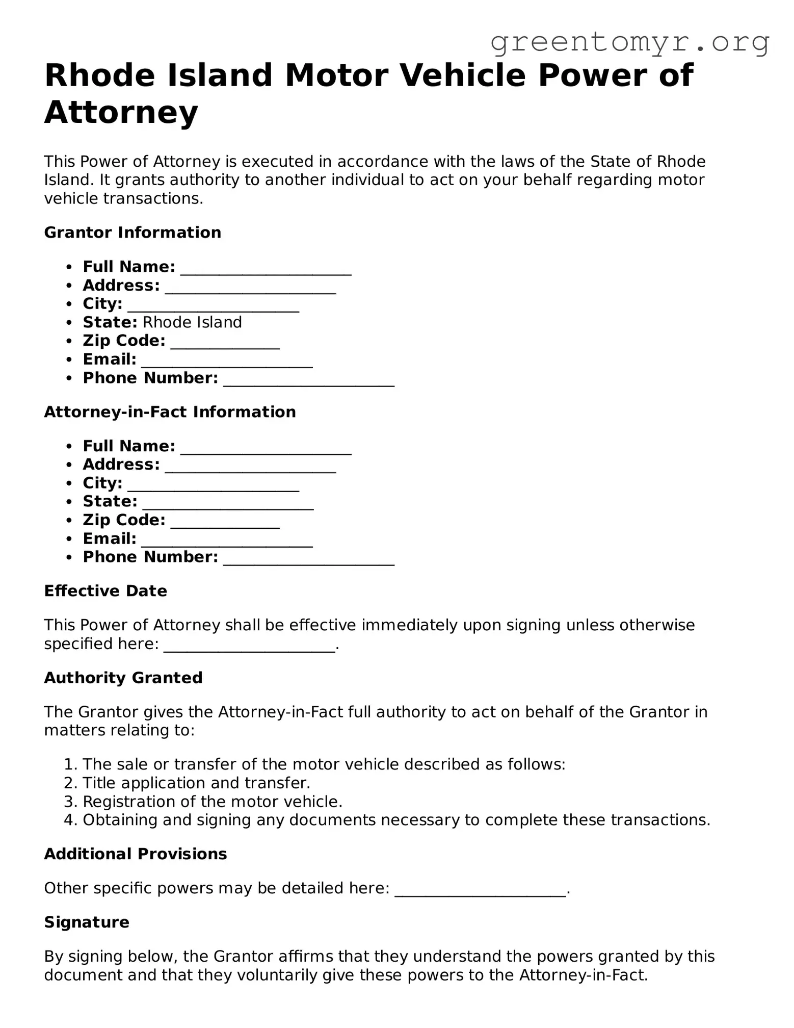 Motor Vehicle Power of Attorney Form for the State of Rhode Island