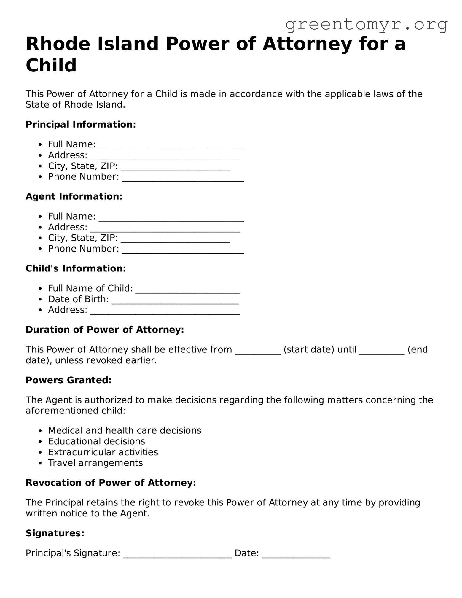 Power of Attorney for a Child Form for the State of Rhode Island