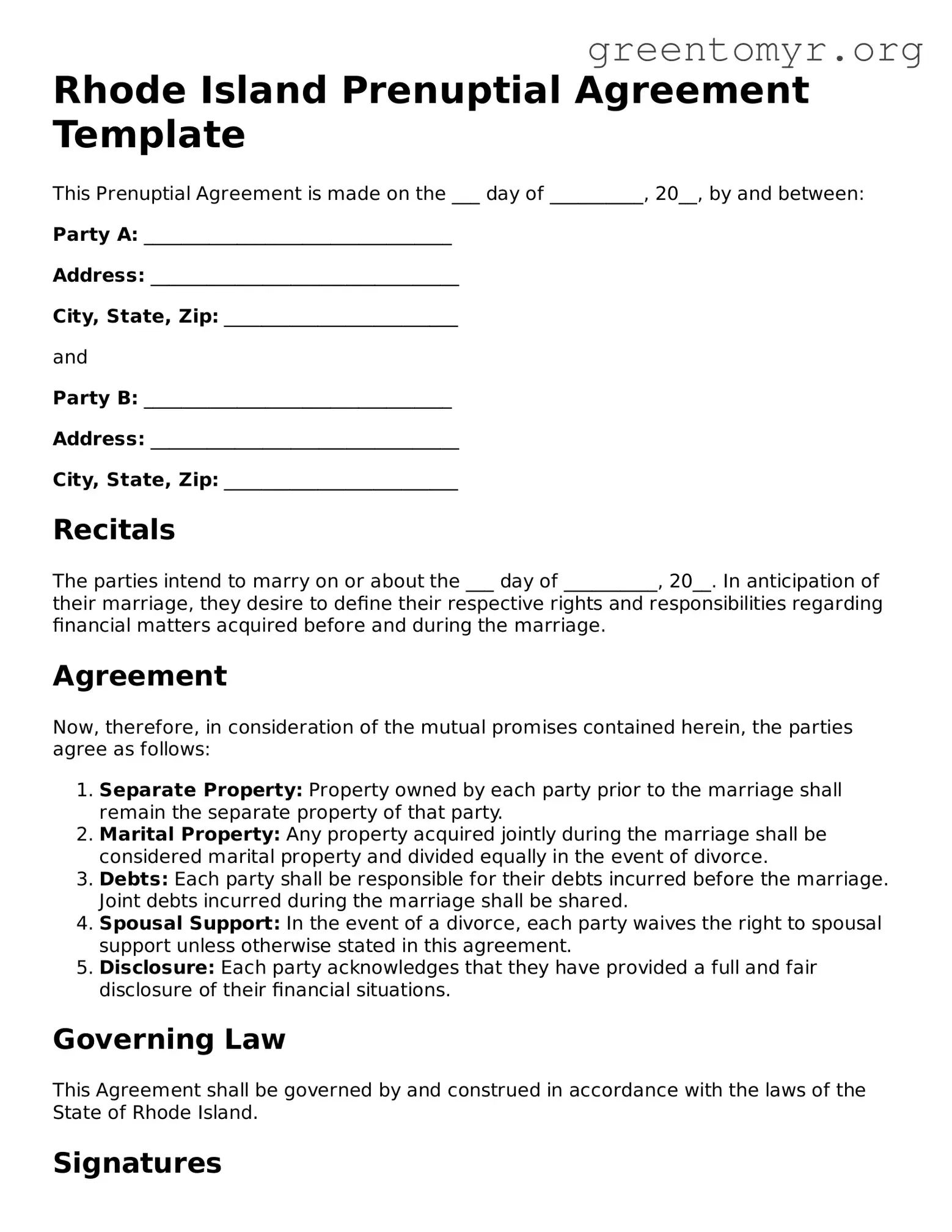Prenuptial Agreement Form for the State of Rhode Island