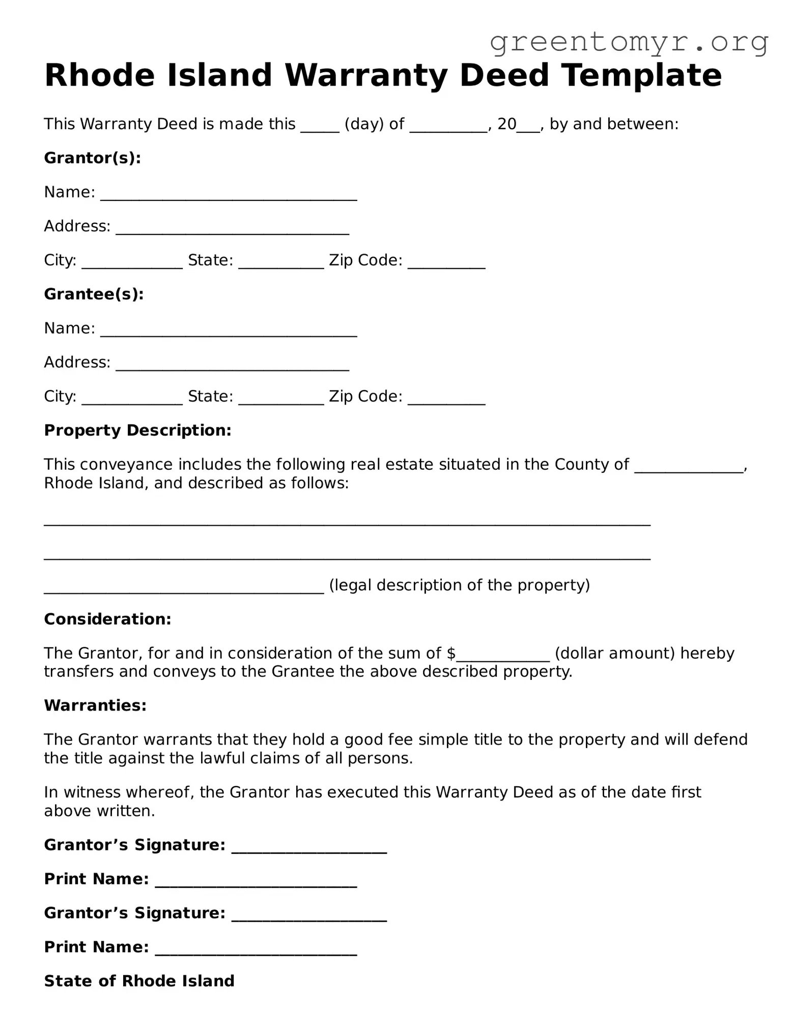 Deed Form for the State of Rhode Island