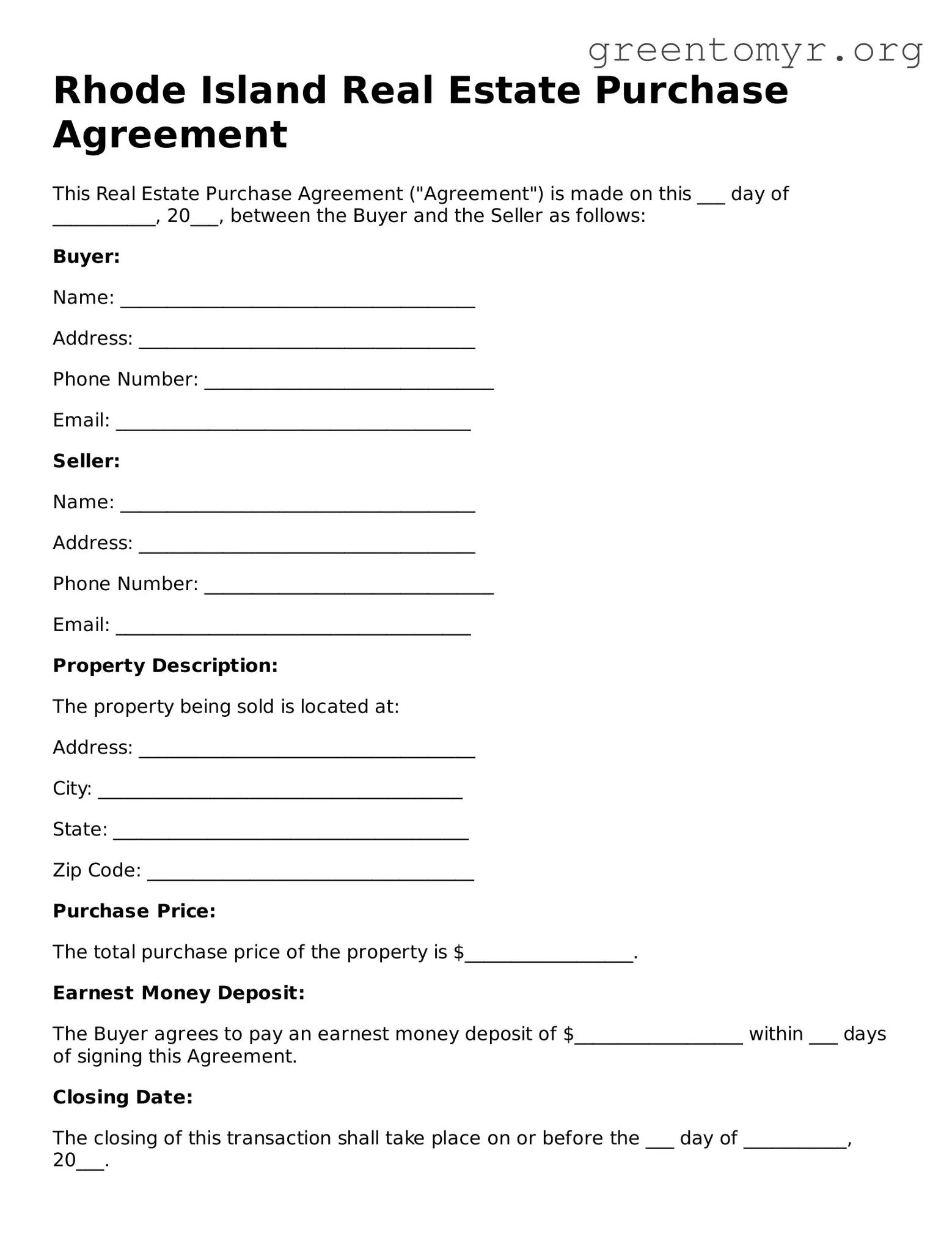 Real Estate Purchase Agreement Form for the State of Rhode Island