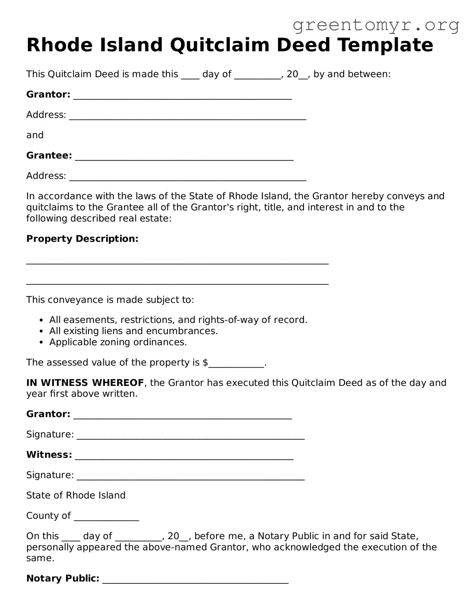 Quitclaim Deed Form for the State of Rhode Island