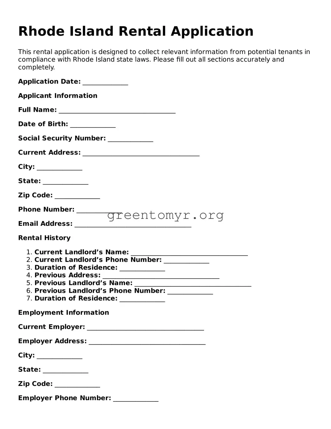 Rental Application Form for the State of Rhode Island