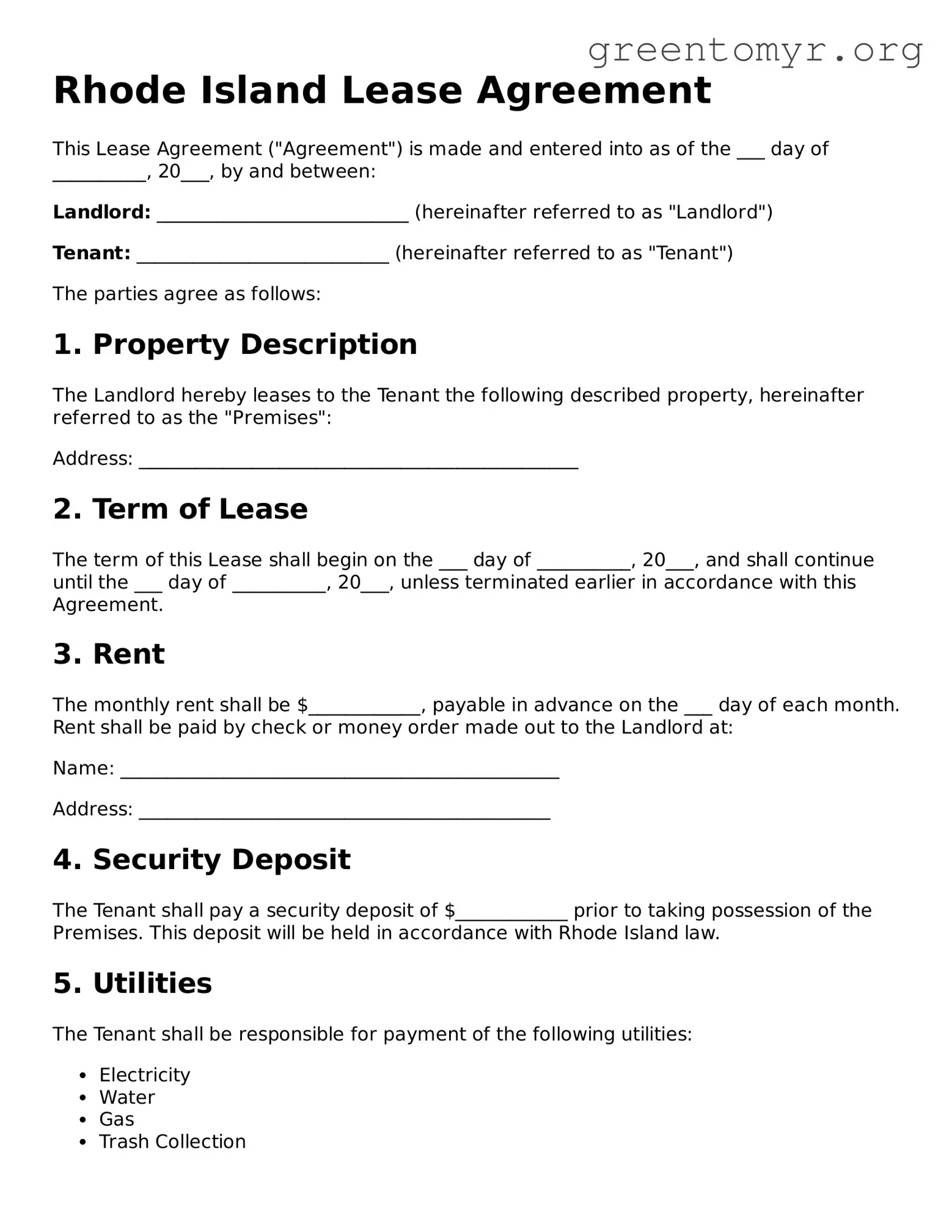 Lease Agreement Form for the State of Rhode Island
