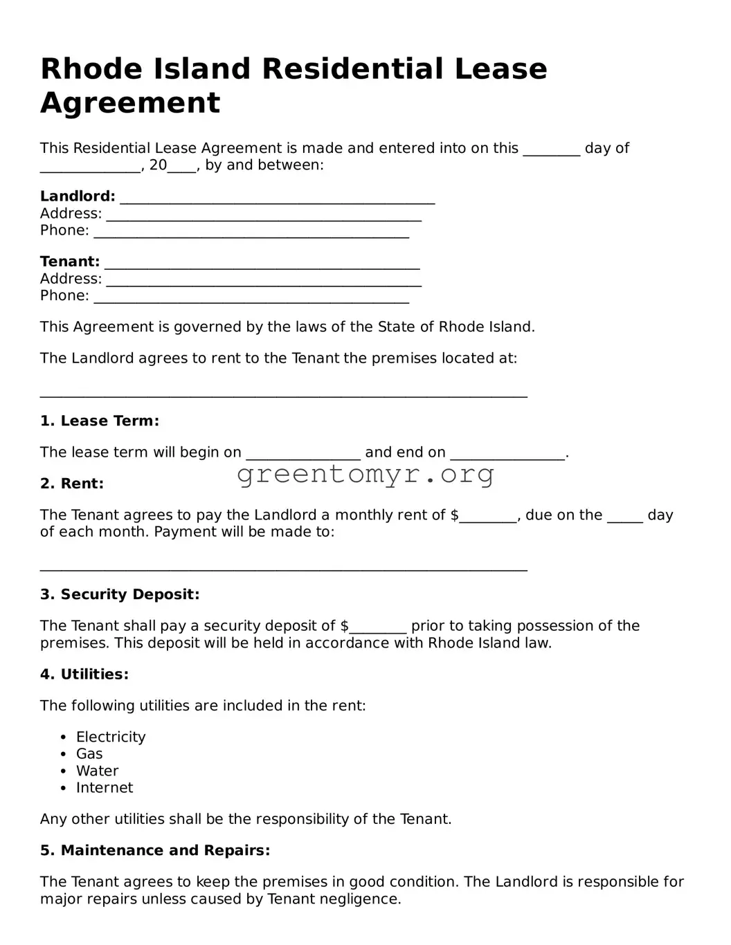 Residential Lease Agreement Form for the State of Rhode Island