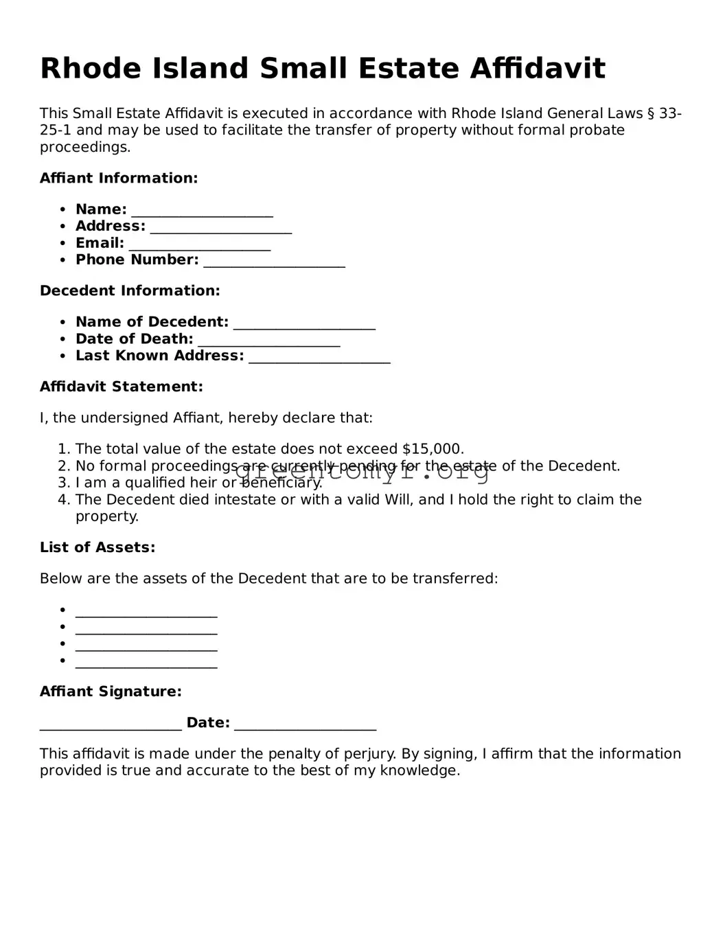 Small Estate Affidavit Form for the State of Rhode Island