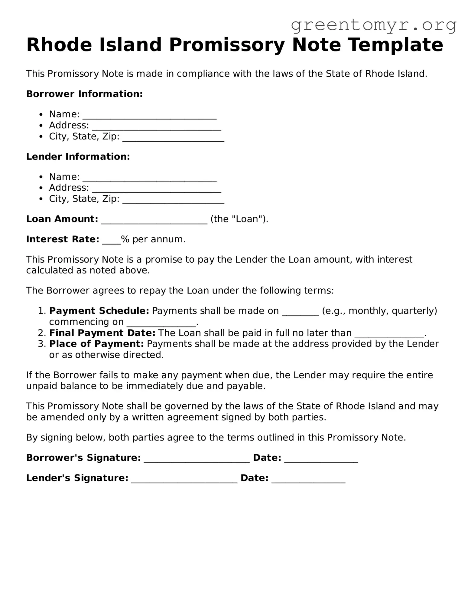 Promissory Note Form for the State of Rhode Island