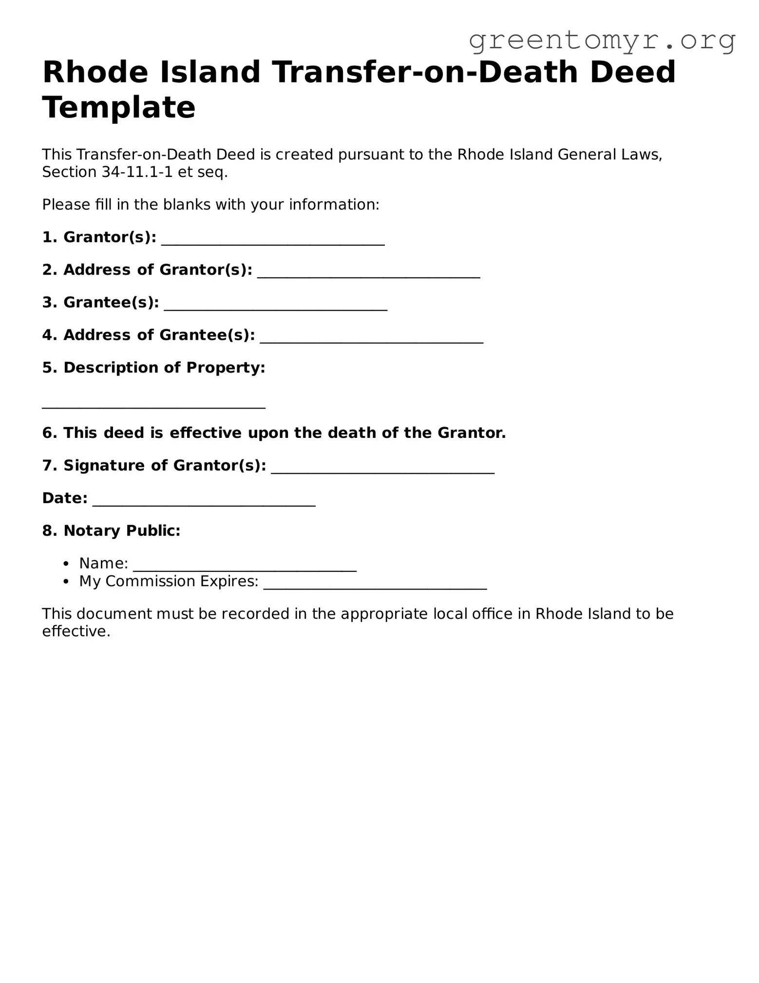 Transfer-on-Death Deed Form for the State of Rhode Island