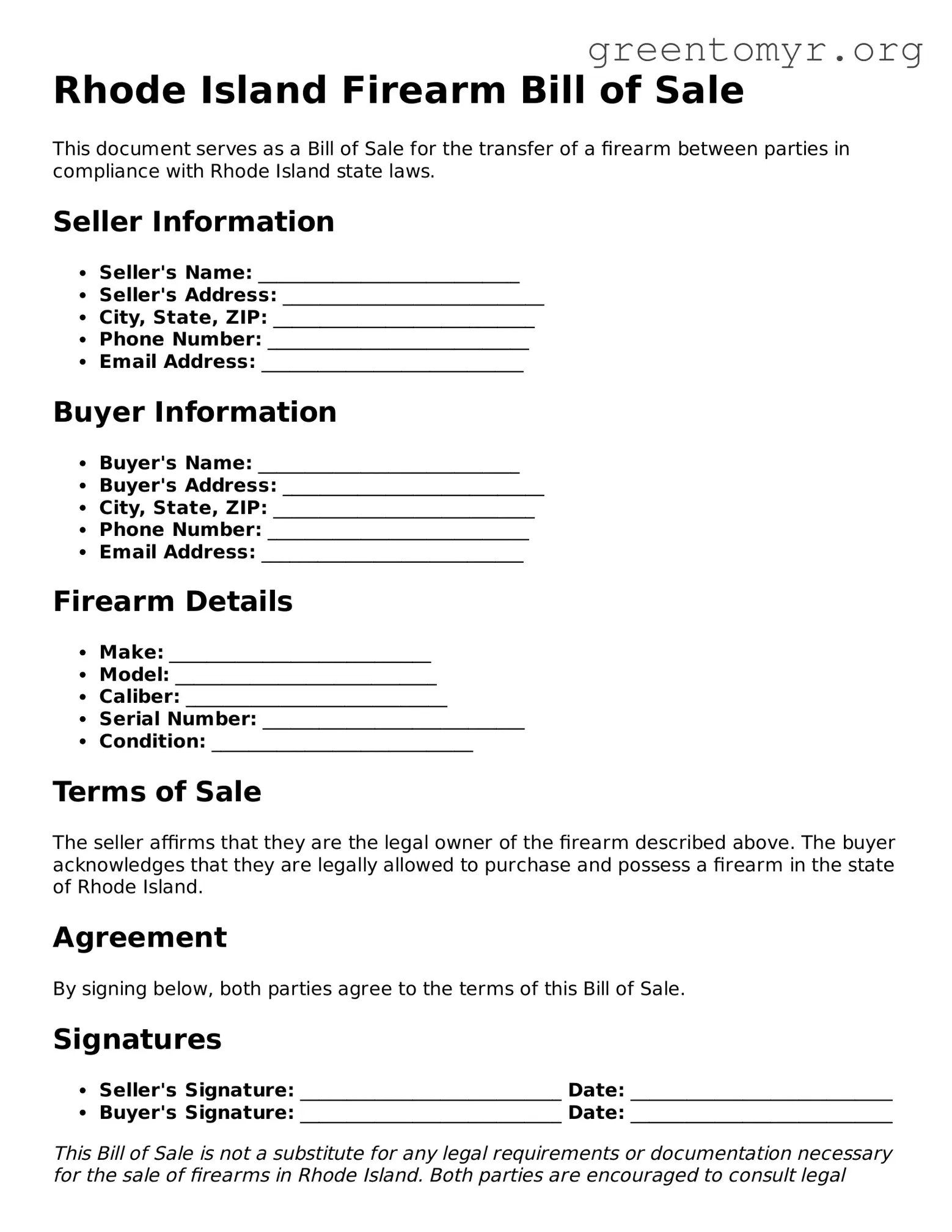 Firearm Bill of Sale Form for the State of Rhode Island