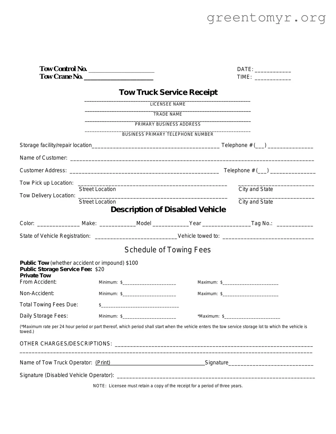 Fill in a Valid Tow Truck Receipt Template