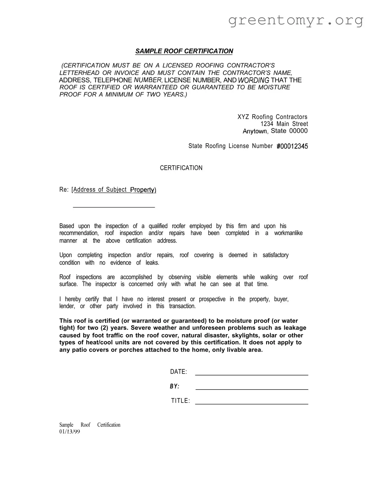 Fill in a Valid Sample Roof Certification Template