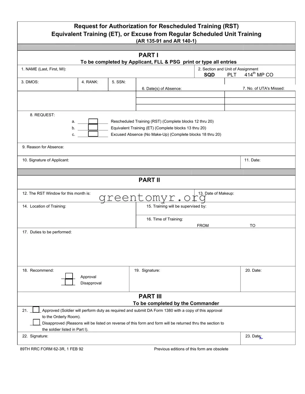 Fill in a Valid Rst Army Template