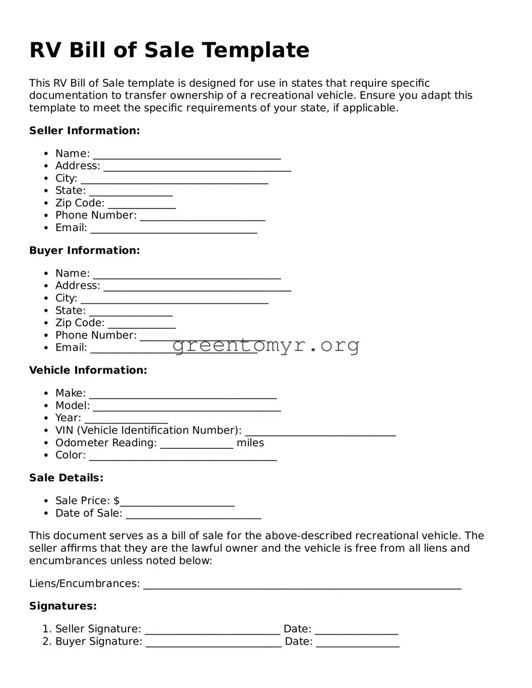 Valid RV Bill of Sale Form