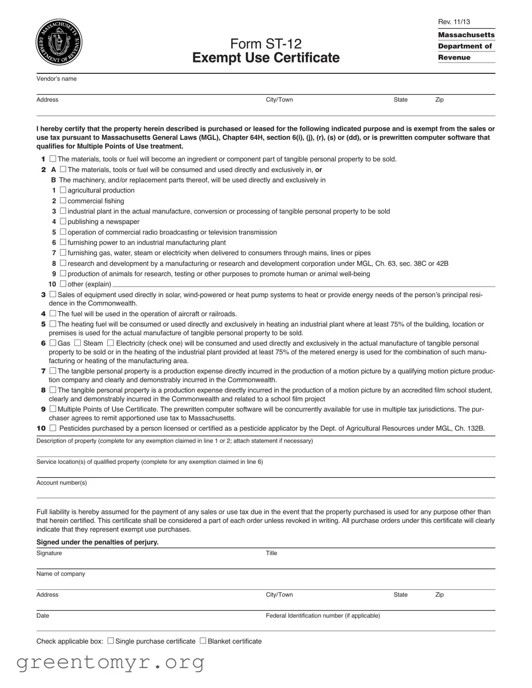 Fill in a Valid Ma Exempt St 12 Template