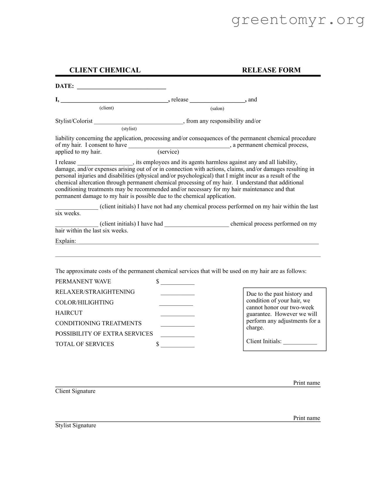 Fill in a Valid Salon Chemical Waiver Template