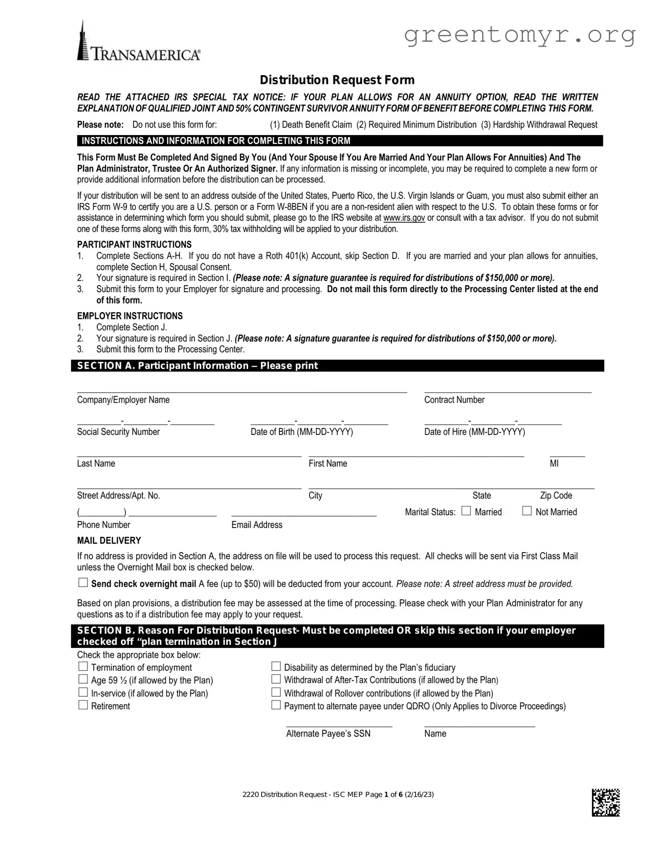 Fill in a Valid Transamerica 401K Withdrawal Template