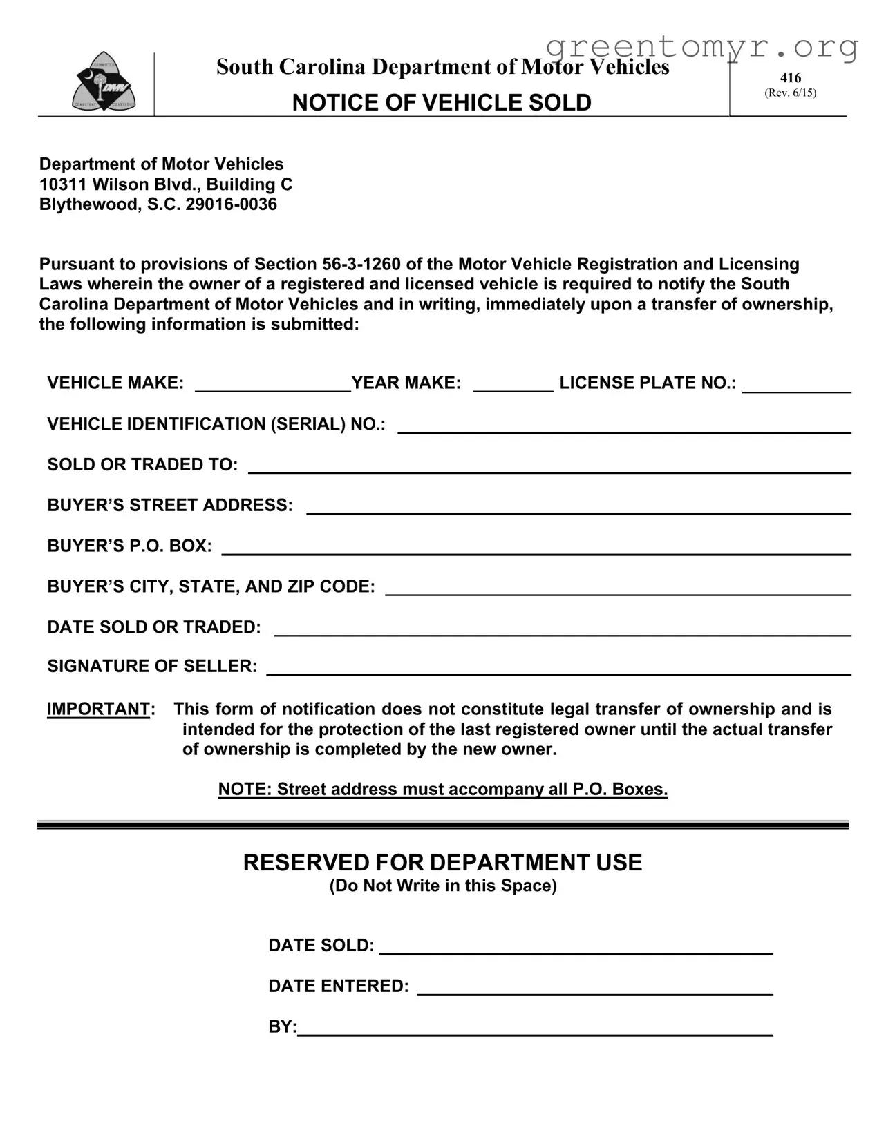 Fill in a Valid Sc Dmv 416 Template