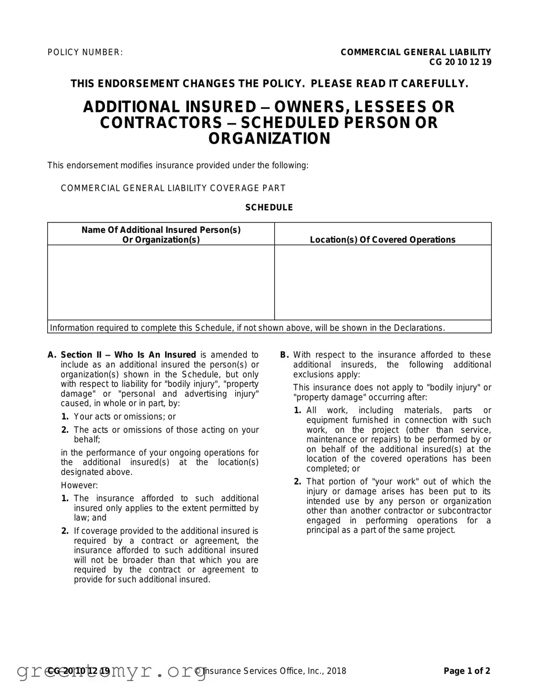 Fill in a Valid Cg 20 10 07 04 Liability Endorsement Template