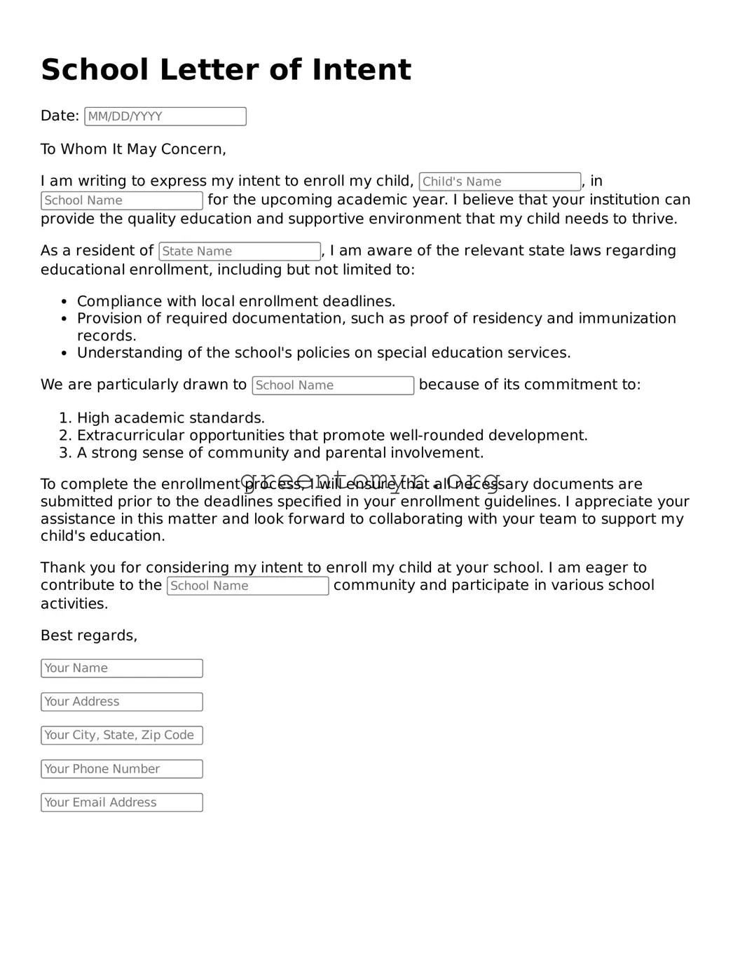 Valid School Letter of Intent Form