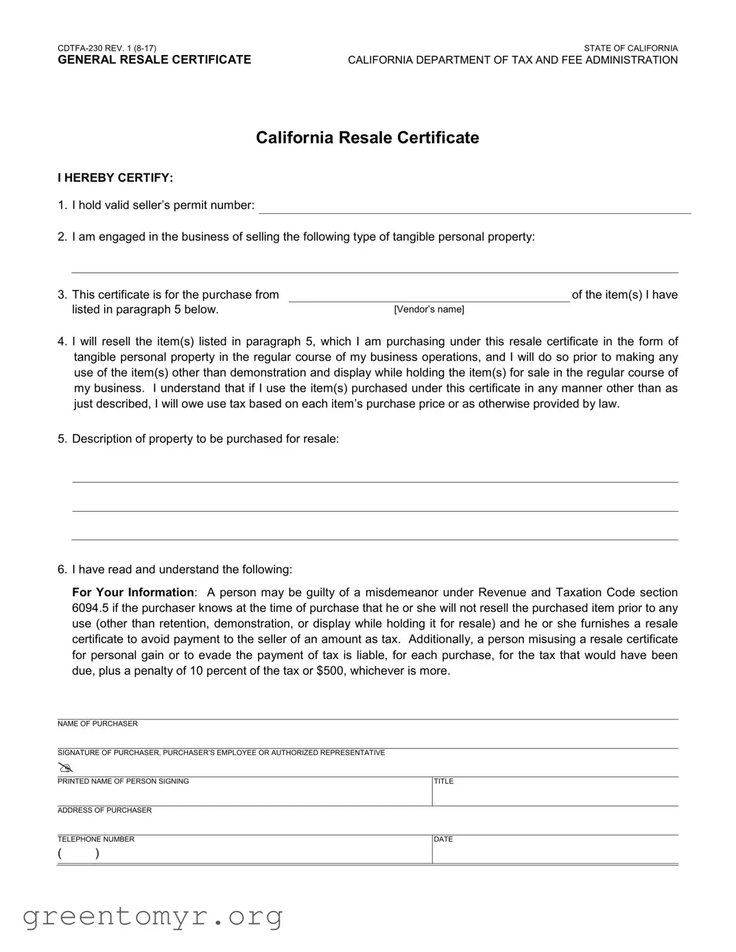 Fill in a Valid Ca Resale Template